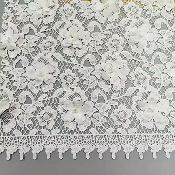 3d Floral Lace Guipure Fabric Pearls Water Soluable Cord Embroidery Guipure Lace Fabric