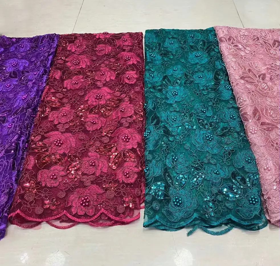 Wholesale Beautiful 3d Flower Beaded Cheap Textile Embroidery Fabric Swiss Voile Lace Trim 2021