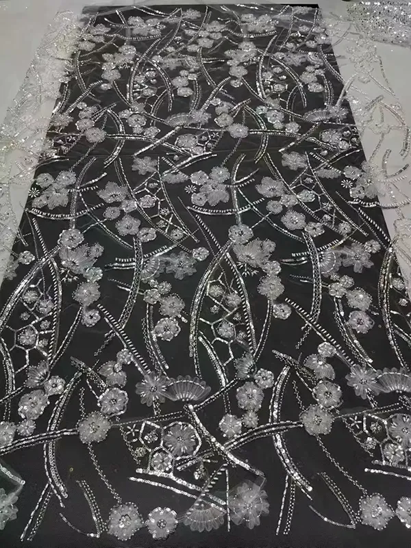 3d Ribbon Flower Embroidery Net Fabric With Sequins And Beads