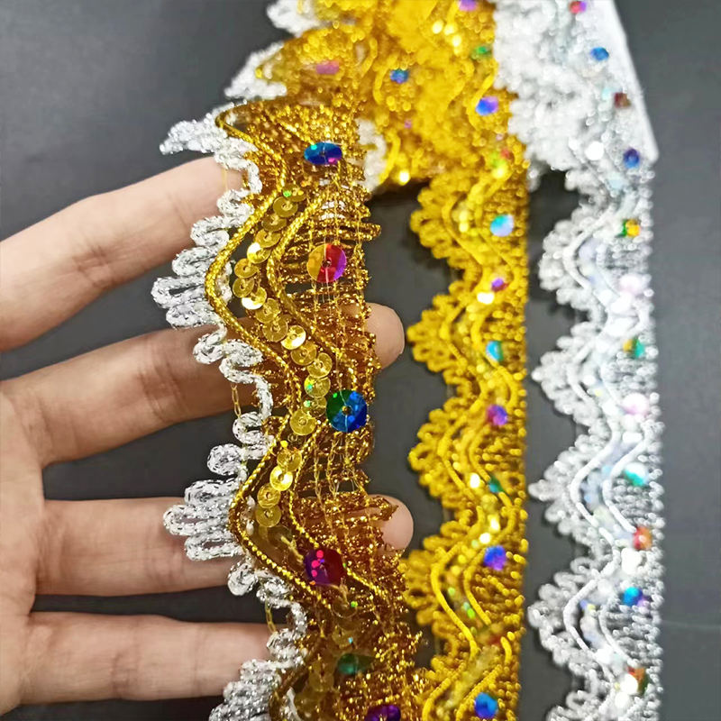 Oblačila dodatki Zlata in srebrna kovinska mejna čipka Trim Multicolor Sequin Gold Nit Kovinska čipka