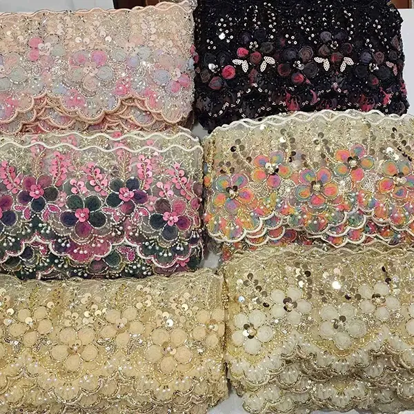 Večbarvna vezena čipka s 3D mrežastim trakom, cevjo s perlicami, čipka za vezenje s črtno kodo